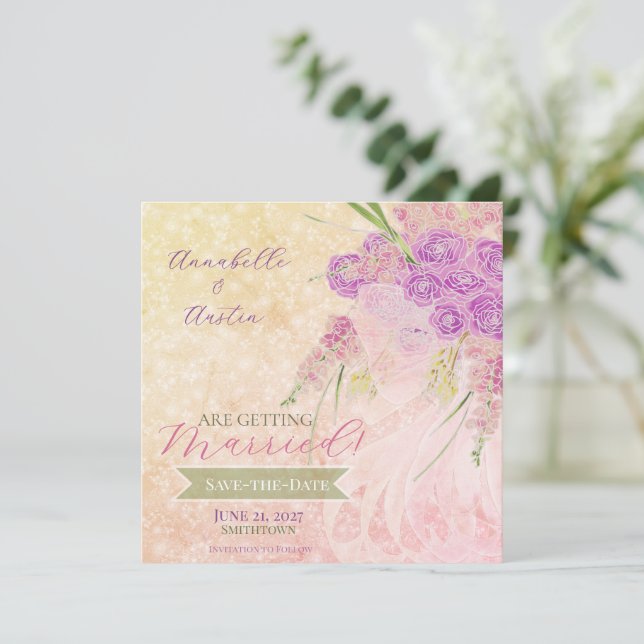 Sunset Rose- sheer blush bow  Bouquet   Save The Date (Standing Front)