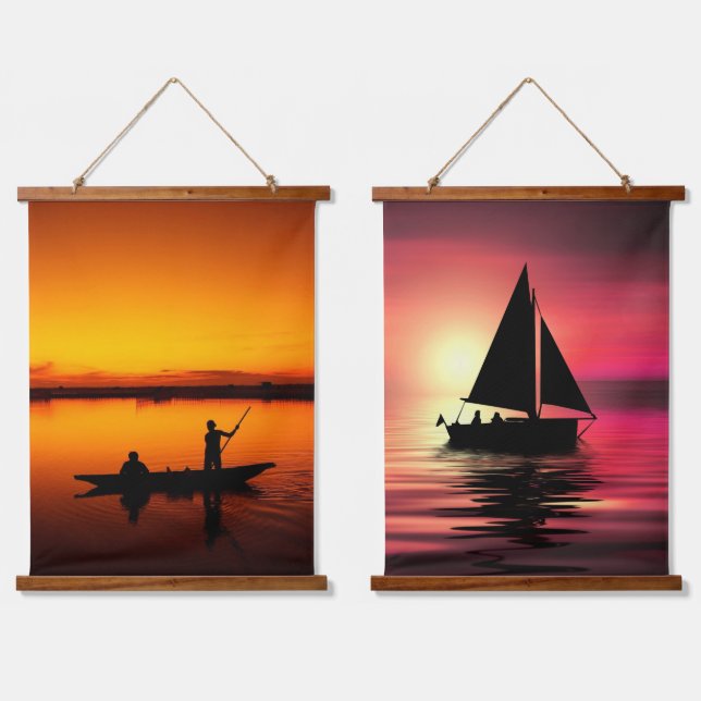 Sunset, Rowing Boat Silhouette-16497 Hanging Tapestry (Double)