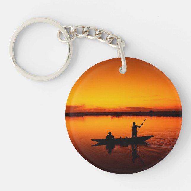 Sunset, Rowing Boat Silhouette-16497 Key Ring (Front)