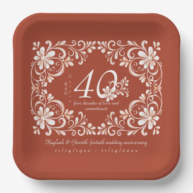 Sunset Rust Red Shabby Chic 40 Anniversary Plate (Front)