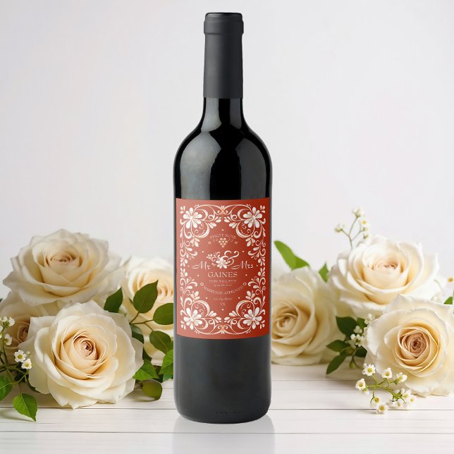 Sunset Rust Red Shabby Chic Wedding Wine Label (Creator Uploaded)