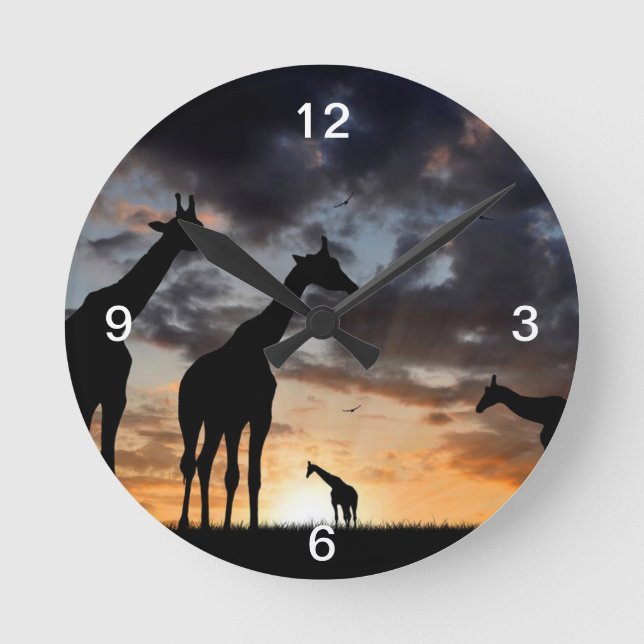 sunset safari wild animal giraffe silhouette round clock (Front)