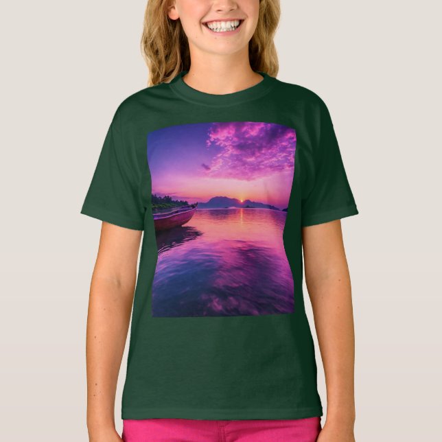 "Sunset Sail – Kids Artistic Boat Tee" T-Shirt (Front)