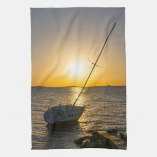 Sunset Sailboat Shipwreck Gulf Breeze FL Tea Towel