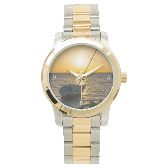 Sunset Sailboat Shipwreck Gulf Breeze Gold Watch (Front)