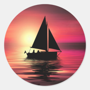 Sunset Sailing Boat On The Sea Art Design Classic Round Sticker