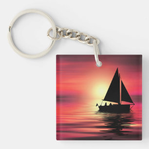 Sunset Sailing Boat On The Sea Art Design Key Ring
