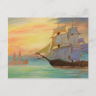Sunset Sailing Ships Acrylic Art Postcard