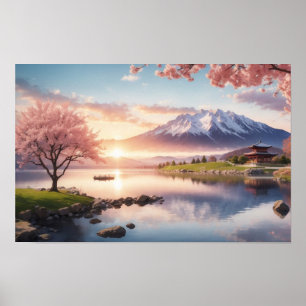 Sunset Sakura Garden with Mountain View Poster