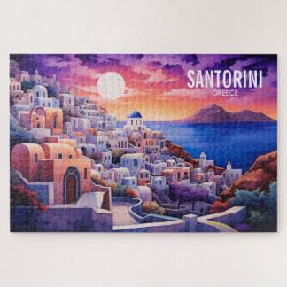 Sunset Santorini Island Illustration | Travel Art  Jigsaw Puzzle