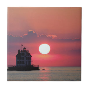 Sunset Scene Lighthouse Tile