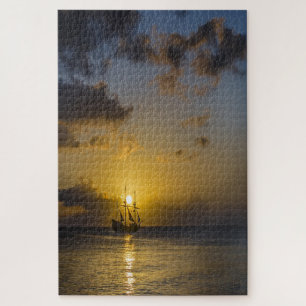 Sunset,Sea,Boat Jigsaw Puzzle