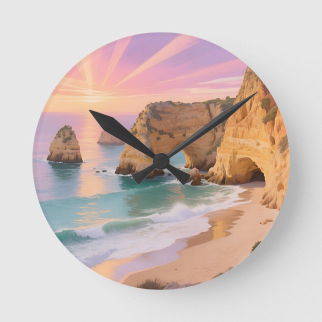 Sunset Sea Caves Paradise Round Clock (Front)