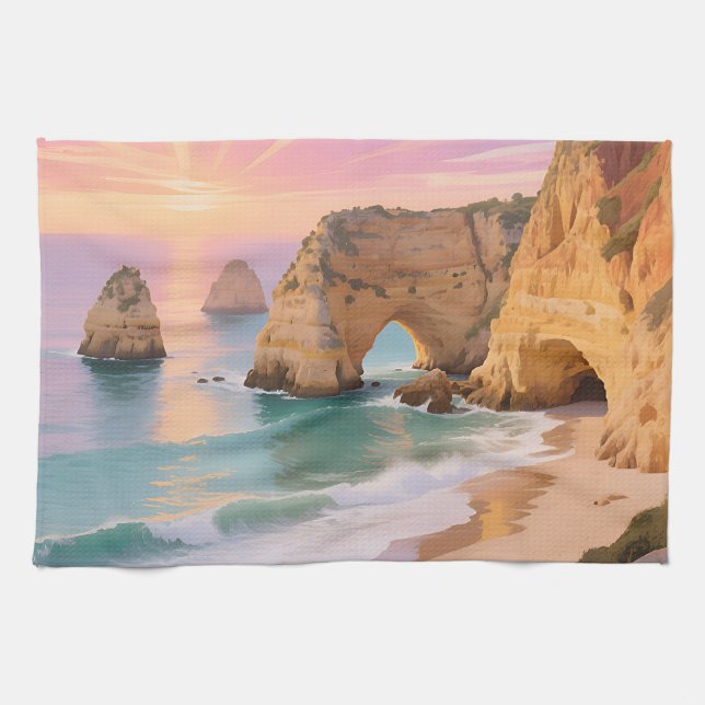 Sunset Sea Caves Paradise Tea Towel (Horizontal)