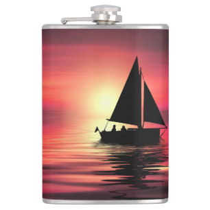 Sunset, Sea, Sailing Boat Hip Flask