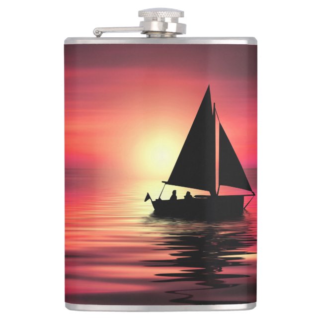 Sunset, Sea, Sailing Boat Hip Flask (Front)