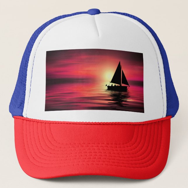 Sunset, Sea, Sailing Boat Trucker Hat (Front)