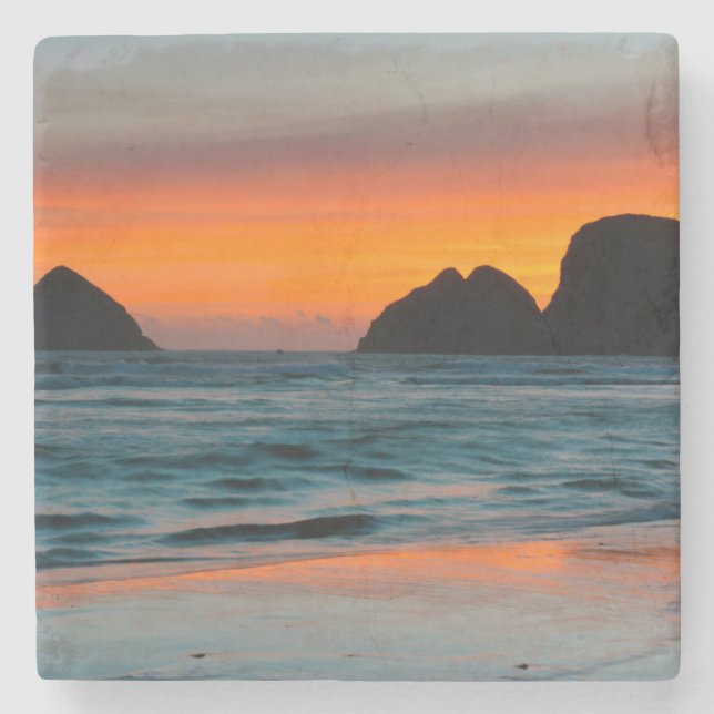 Sunset, Sea Stacks, Oceanside, Oregon, USA Stone Coaster (Front)