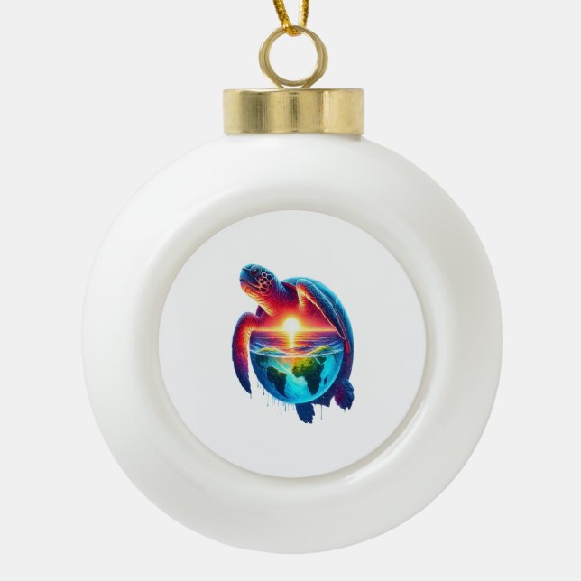 Sunset Sea Turtle Ceramic Ball Christmas Ornament (Front)