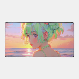 Sunset Seaside Anime Girl with Mint Hair Buns Desk Mat