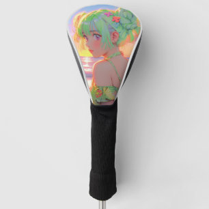 Sunset Seaside Anime Girl with Mint Hair Buns Golf Head Cover