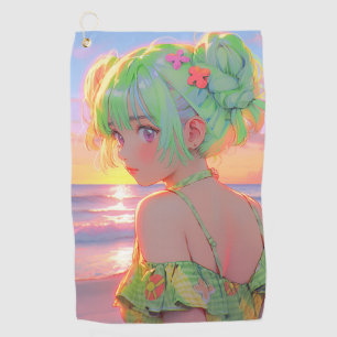 Sunset Seaside Anime Girl with Mint Hair Buns Golf Towel