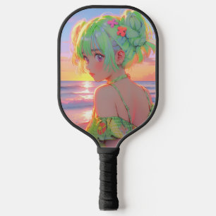 Sunset Seaside Anime Girl with Mint Hair Buns Pickleball Paddle