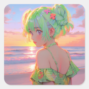 Sunset Seaside Anime Girl with Mint Hair Buns Square Sticker