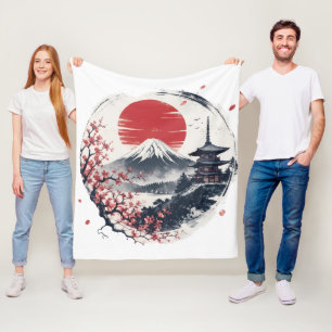 Sunset Serenity at Mount Fuji – Japanese Ink Art Fleece Blanket
