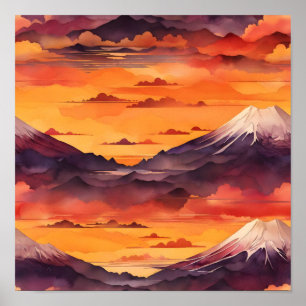 Sunset Serenity: Mount Fuji Watercolor Tapestry Poster