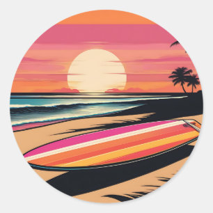 Sunset Serenity Retro Surfboard Vibes Classic Round Sticker