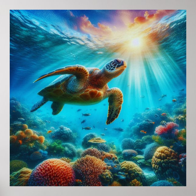 Sunset Serenity Sea Turtle and Coral Reef Poster (Front)