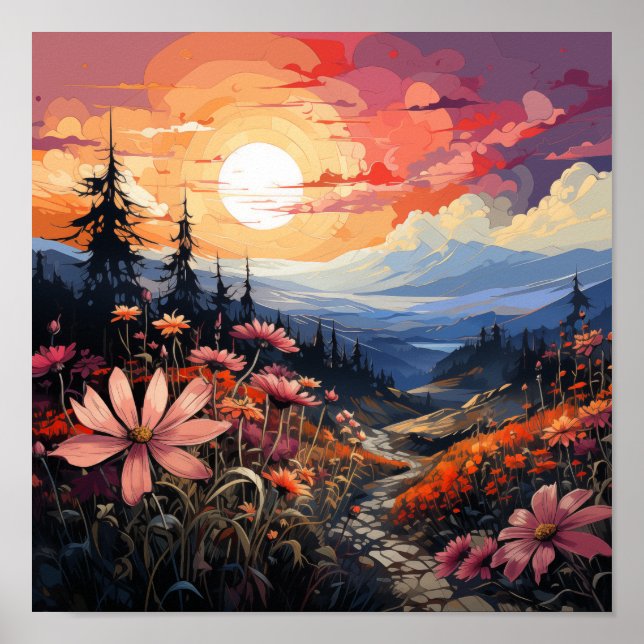 Sunset Serenity: Vibrant Wildflowers and Mountains Poster (Front)