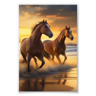 Sunset Serenity with Pair of Coastal Horses Photo Print