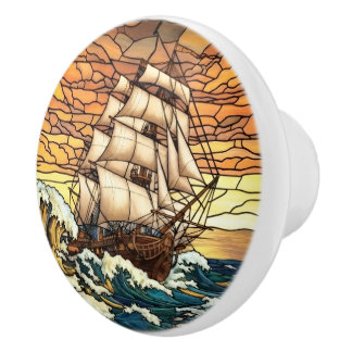 Sunset, Ship, Dramatic Sea, Vintage Nautical Ceramic Knob
