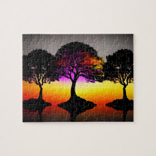 Sunset Silhouette Art with Colourful Sunset Jigsaw Puzzle