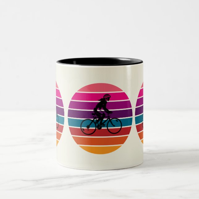 Sunset Silhouette Bike Rider Art Two-Tone Coffee Mug (Center)