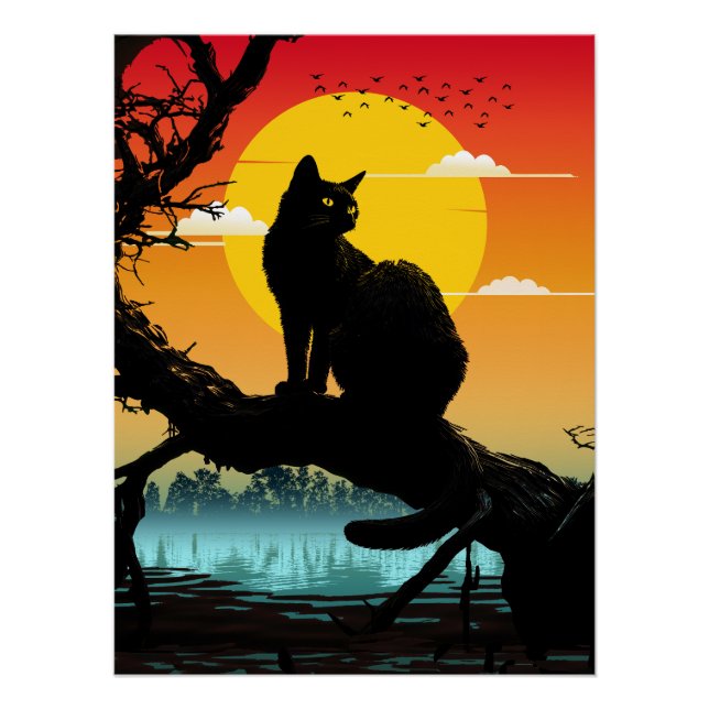 Sunset Silhouette Cat And Tree Poster (Front)