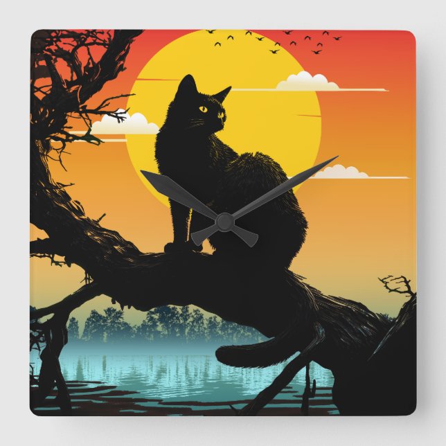 Sunset Silhouette Cat And Tree Square Wall Clock (Front)
