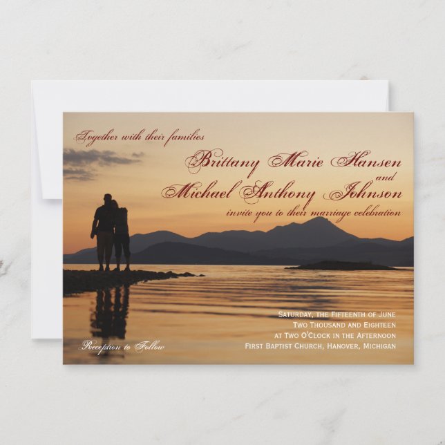 Sunset Silhouette Couple Lake Wedding Invitations (Front)