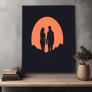 Sunset Silhouette Couple Minimalist Love Art Poster