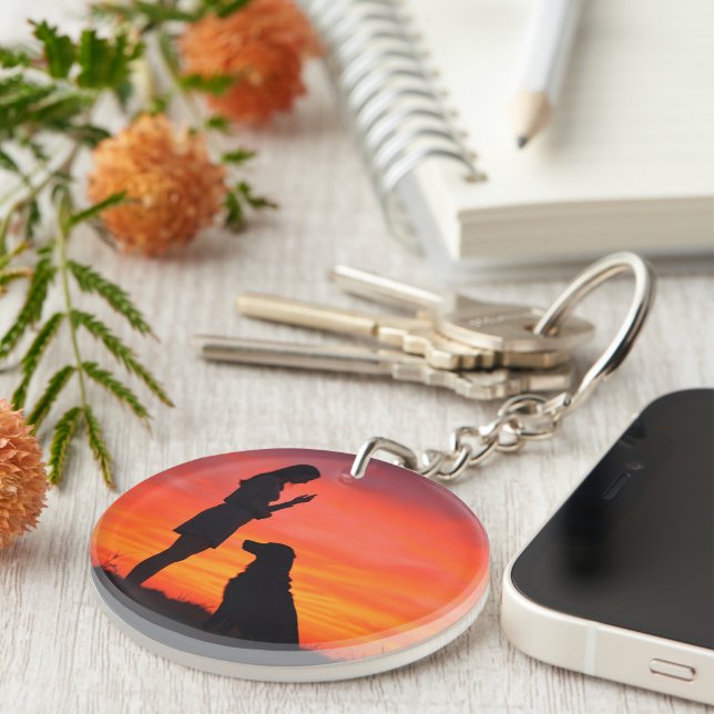 Sunset Silhouette Dog & Owner Keychain (Front Right)