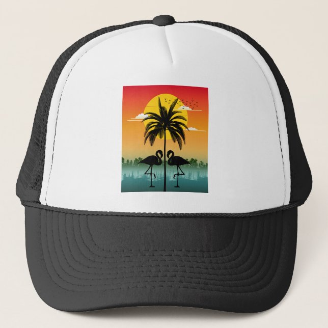 Sunset Silhouette Flamingo Lover Summer Vibes Trucker Hat (Front)