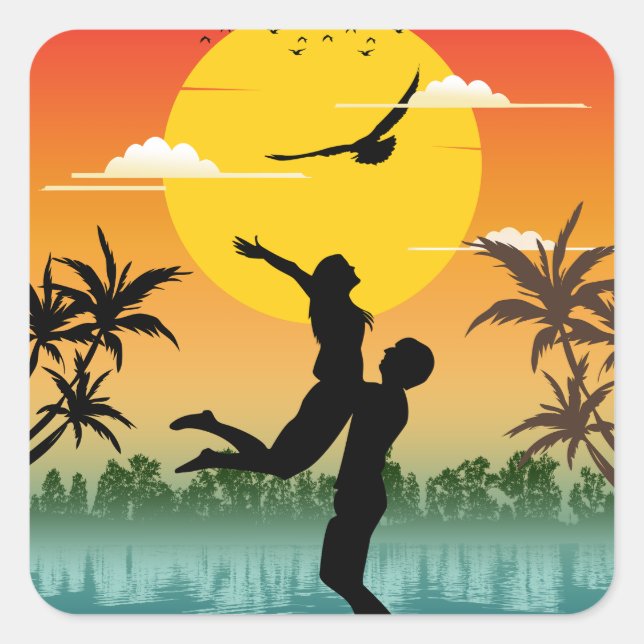 Sunset Silhouette Lover Summer Vibes Romantic Gift Square Sticker (Front)