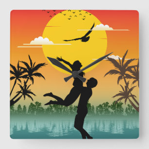 Sunset Silhouette Lover Summer Vibes Romantic Gift Square Wall Clock