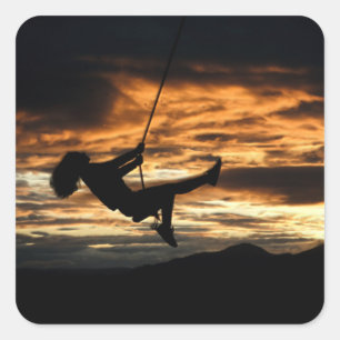 Sunset Silhouette of Girl on Swing Square Sticker