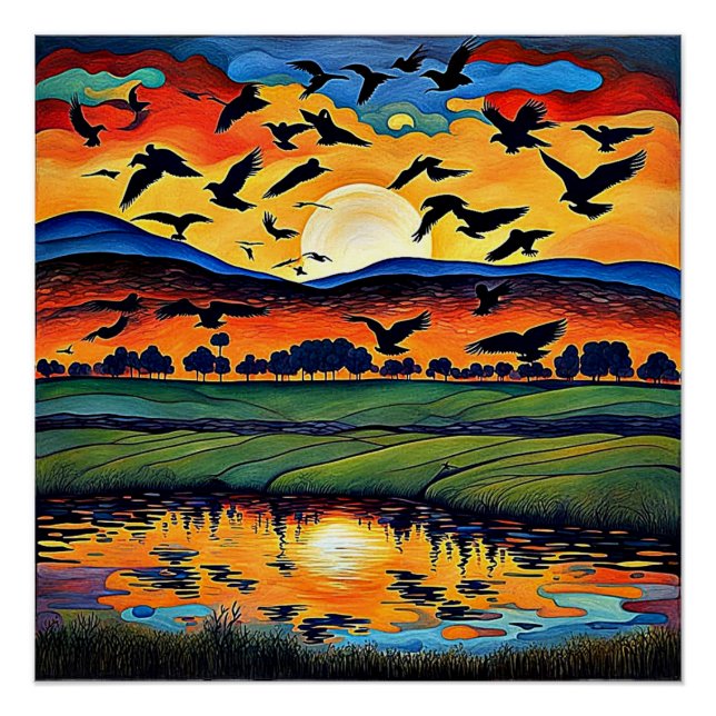 Sunset Silhouetted Birds 3 Poster (Front)