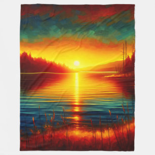 “Sunset Silhouettes Over Water” Fleece Blanket