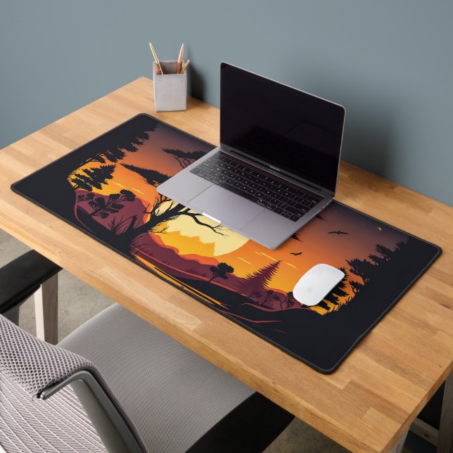 Sunset-Silhouettes-Trees-Mountains-Nature Desk Mat (Office 2)