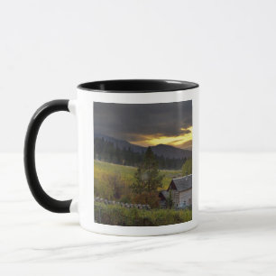 Sunset sky over vineyards and historic log cabin mug